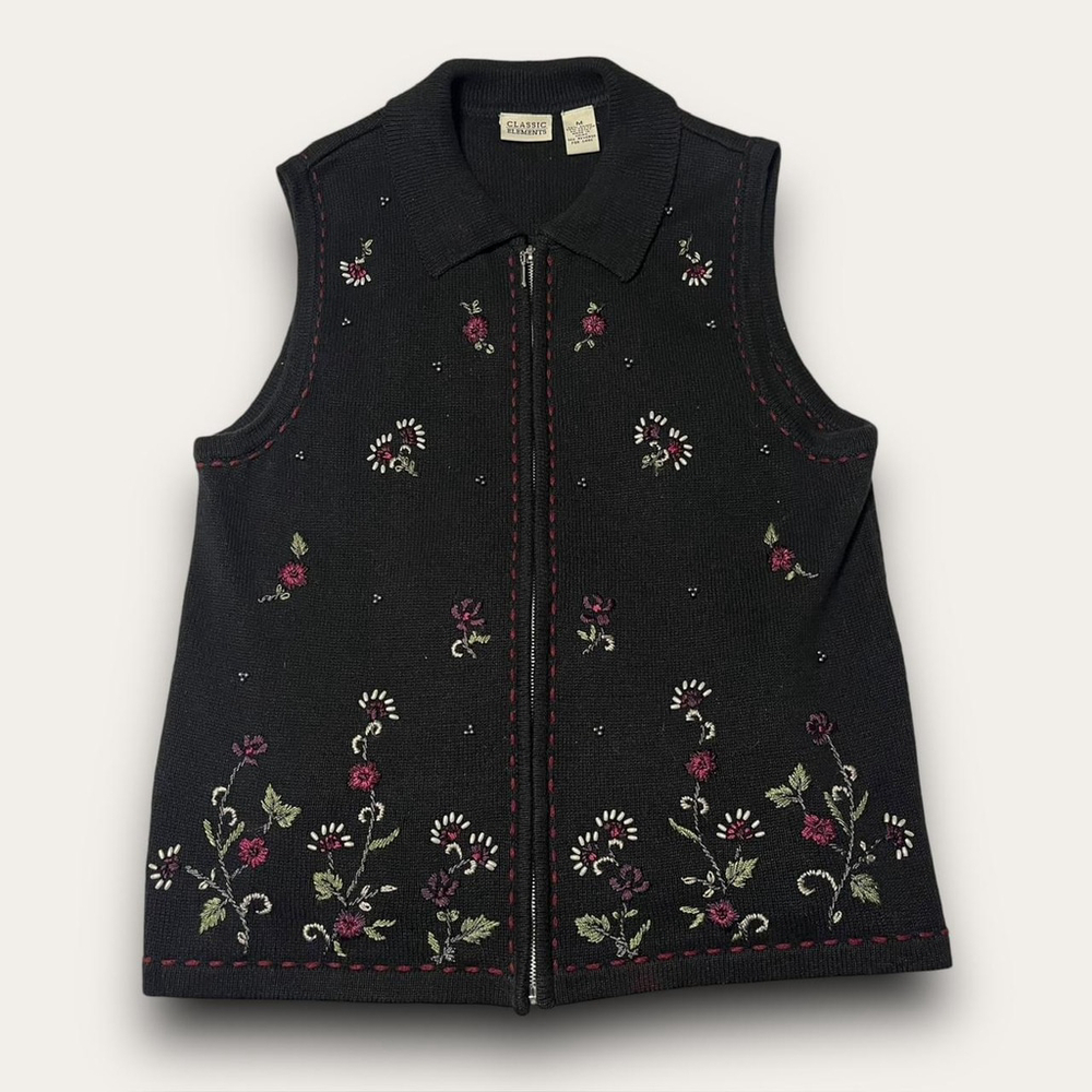 ⭐️ 4 for $20 ⭐️ Vintage Floral Embroidered Sweater Vest Zip-Up Beaded Size Med